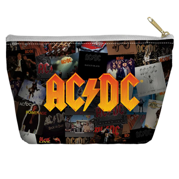 White tapered bottom pouch with collage of AC/DC album covers and large orange AC/DC logo on front.