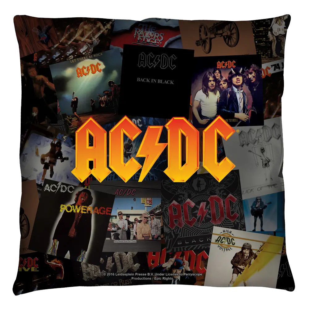 Multi-sized throw pillow featuring a collage of AC/DC album covers with bold yellow AC/DC logo center.