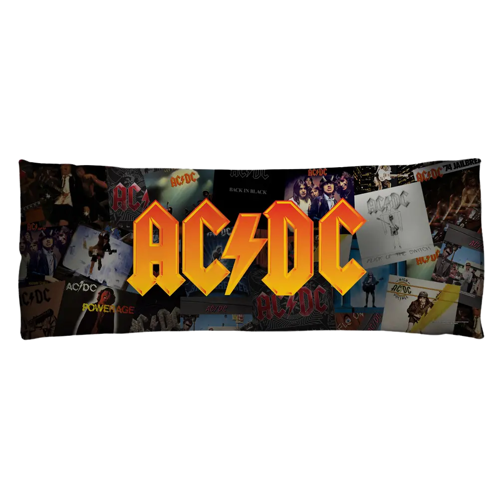 White body pillow with a collage of AC/DC album covers and the band's logo in yellow and red letters.