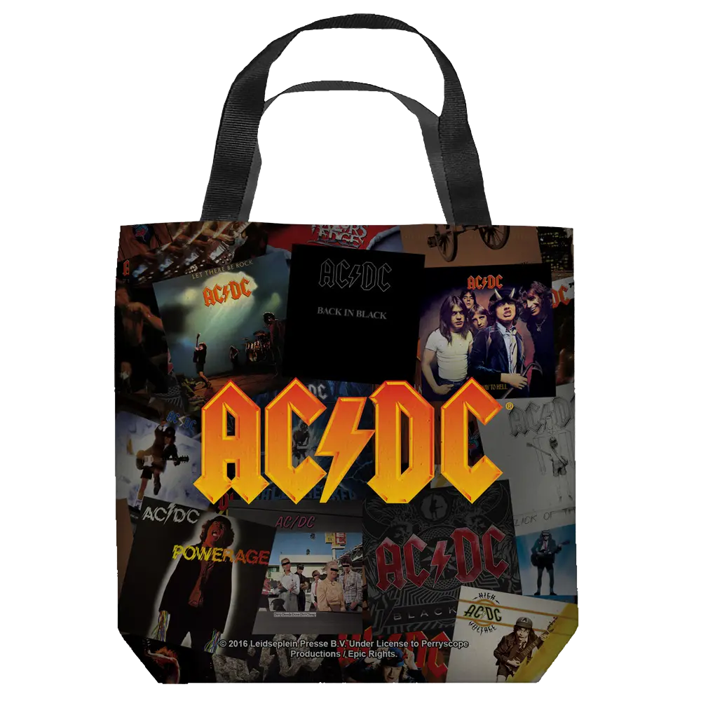 Black tote bag with AC/DC album cover collage and black handles.