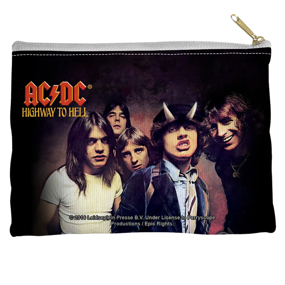 Black pouch with ACDC Highway to Hell band photo and logo, gold zipper pull, straight bottom design.