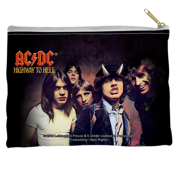 Black pouch with ACDC Highway to Hell band photo and logo, gold zipper pull, straight bottom design.