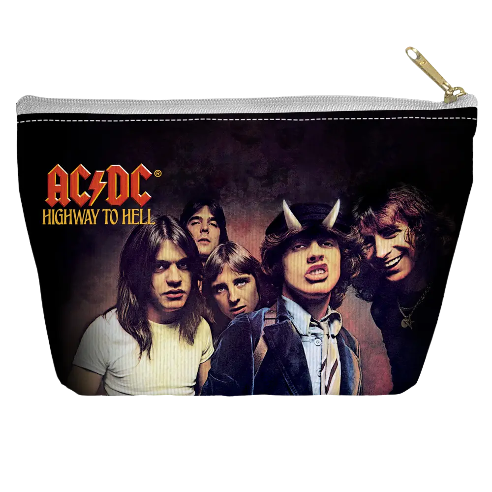 White zipper pouch with AC/DC Highway to Hell album cover featuring band members against dark background.