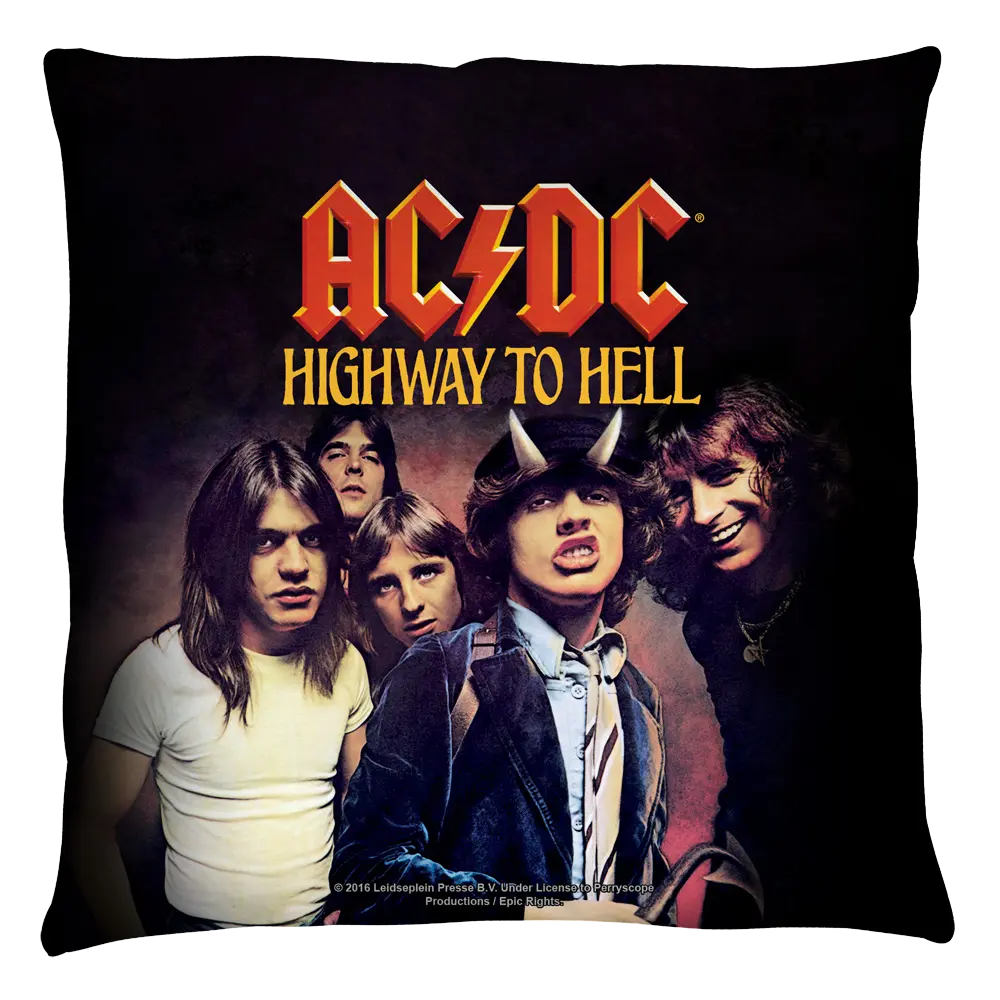 Black throw pillow featuring AC/DC band members and yellow "AC/DC Highway to Hell" text with a red lightning bolt logo.