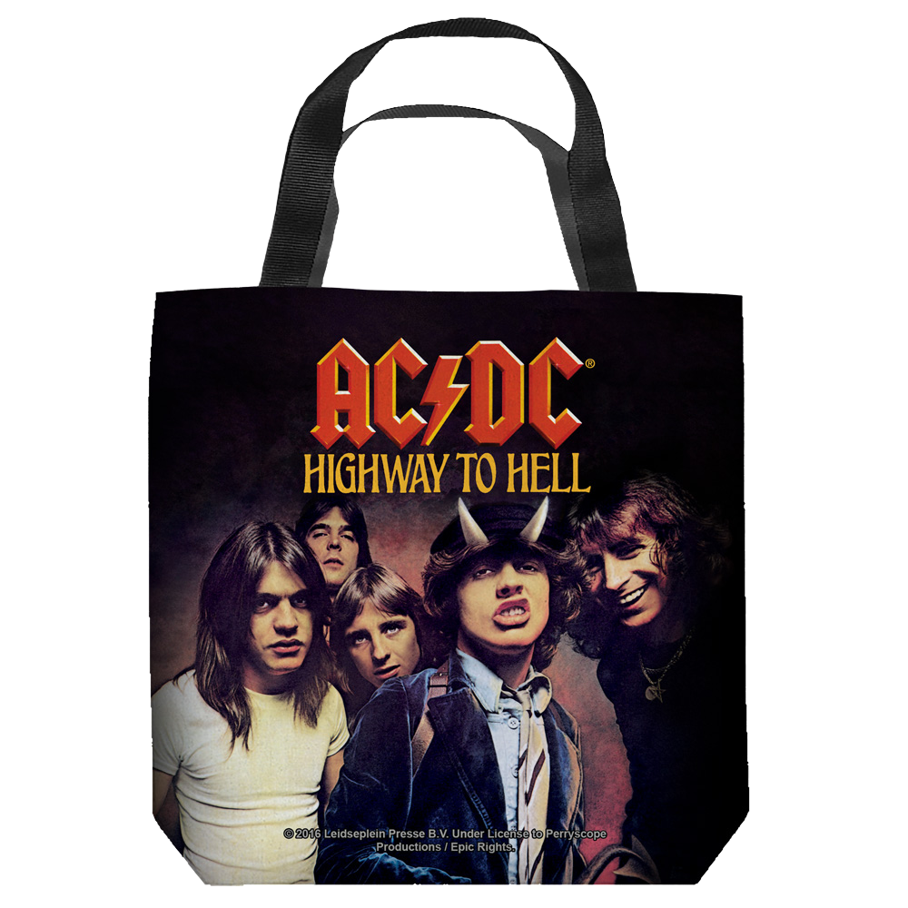 Black tote bag featuring AC/DC band photo with "AC/DC Highway to Hell" logo in red and yellow.