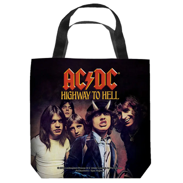 Black tote bag featuring AC/DC band photo with "AC/DC Highway to Hell" logo in red and yellow.