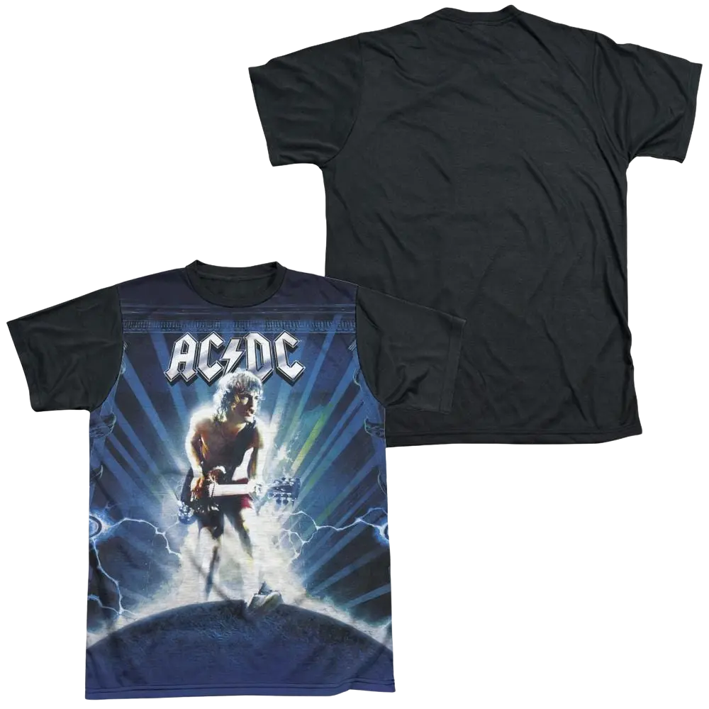 Men's black T-shirt with AC/DC guitarist graphic on front and plain back.