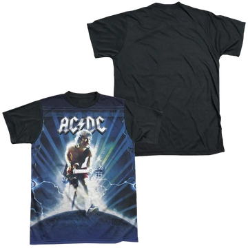 Men's black T-shirt with AC/DC guitarist graphic on front and plain back.