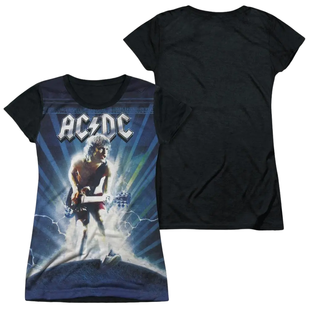 Juniors black T-shirt with AC/DC lightning graphic and band name on front, plain black back.