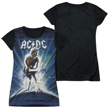 Juniors black T-shirt with AC/DC lightning graphic and band name on front, plain black back.