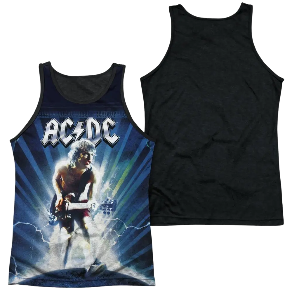 Men's black tank top with vibrant AC/DC graphic and lightning design on front, solid black back.