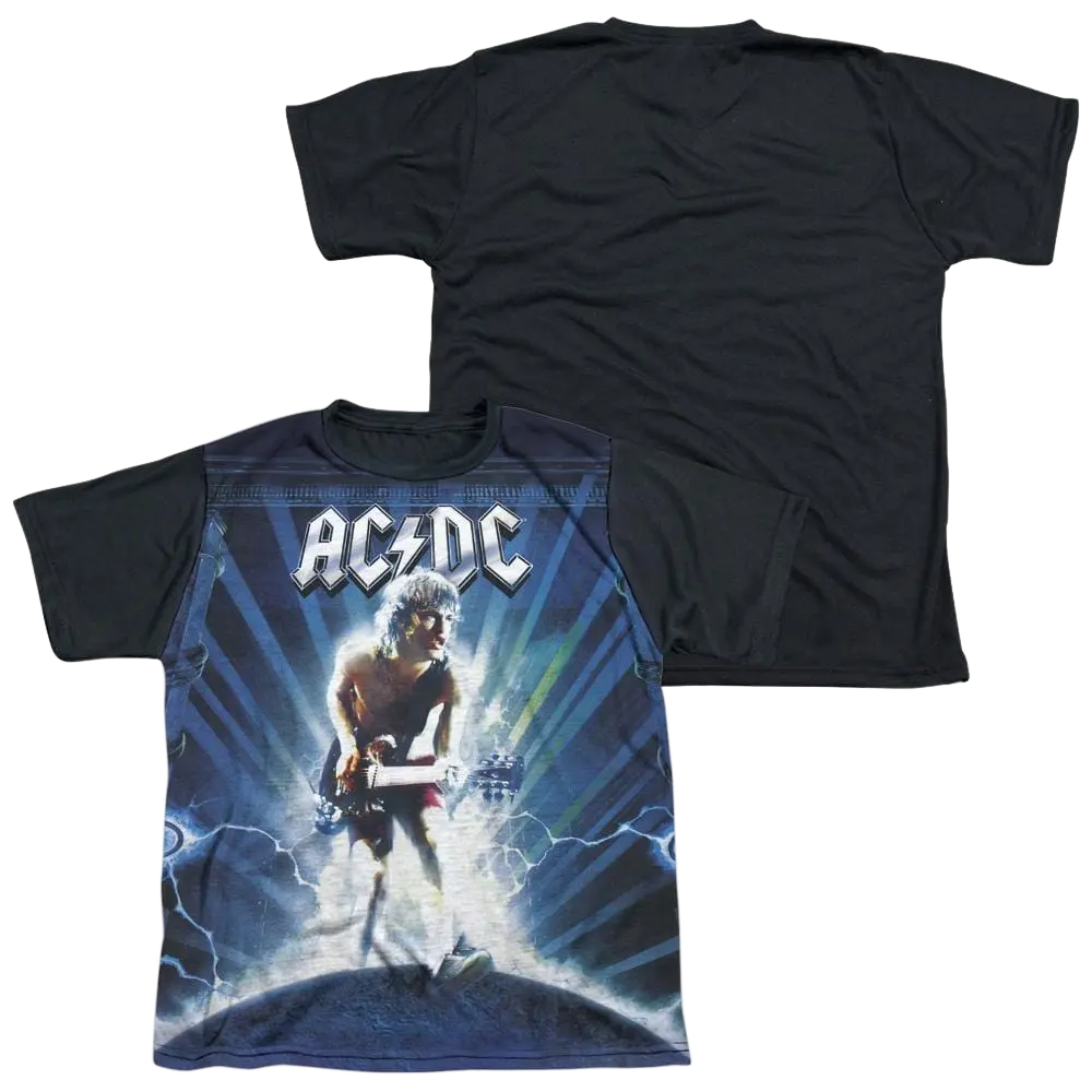 Youth black t-shirt with AC/DC graphic of guitarist on stage and lightning background, black back side.