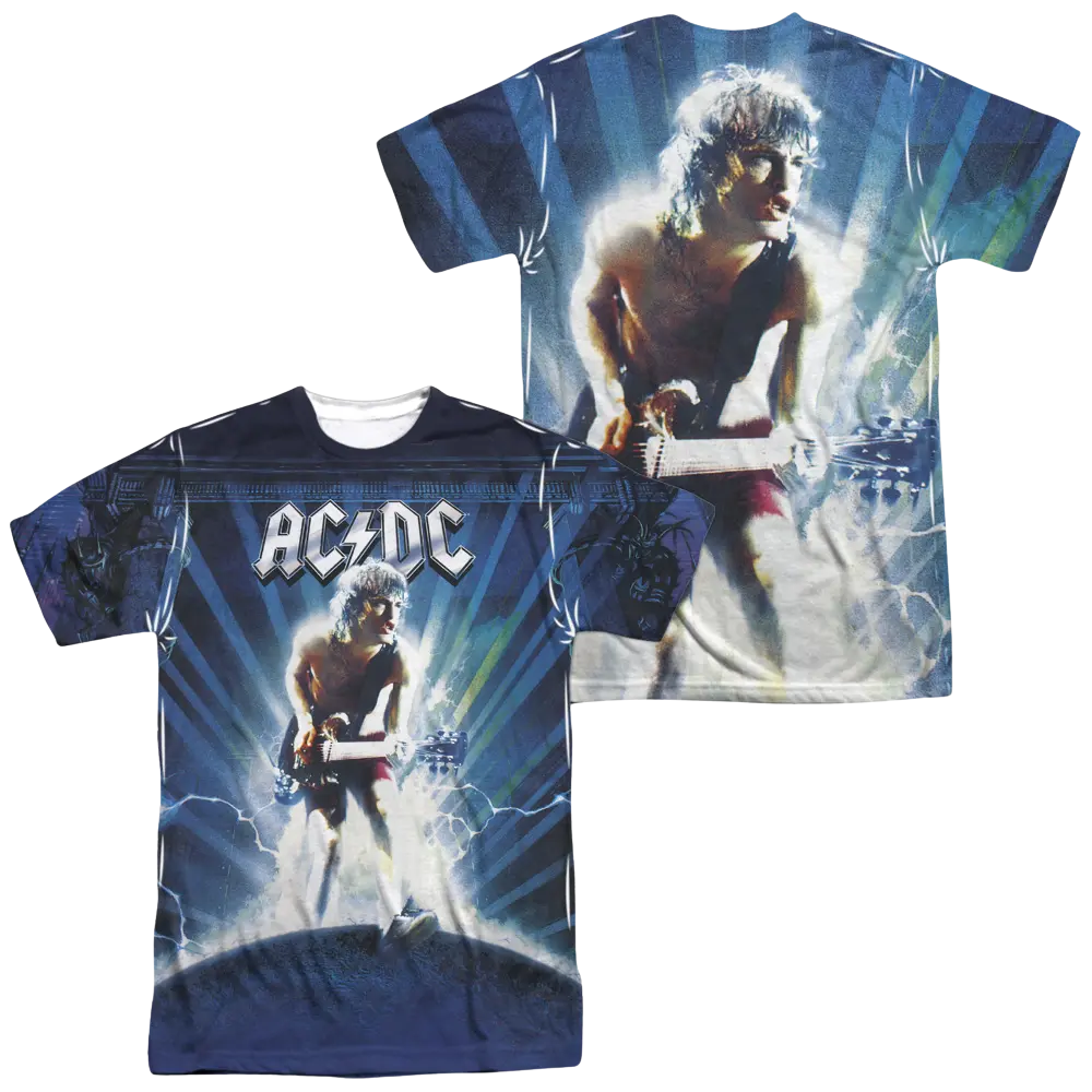Men's black and blue AC/DC all-over print T-shirt with guitarist and lightning graphics on front and back.