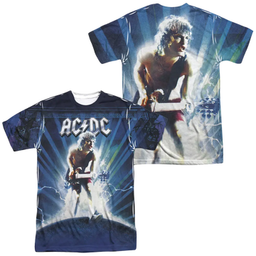 Men's black and blue AC/DC all-over print T-shirt with guitarist and lightning graphics on front and back.