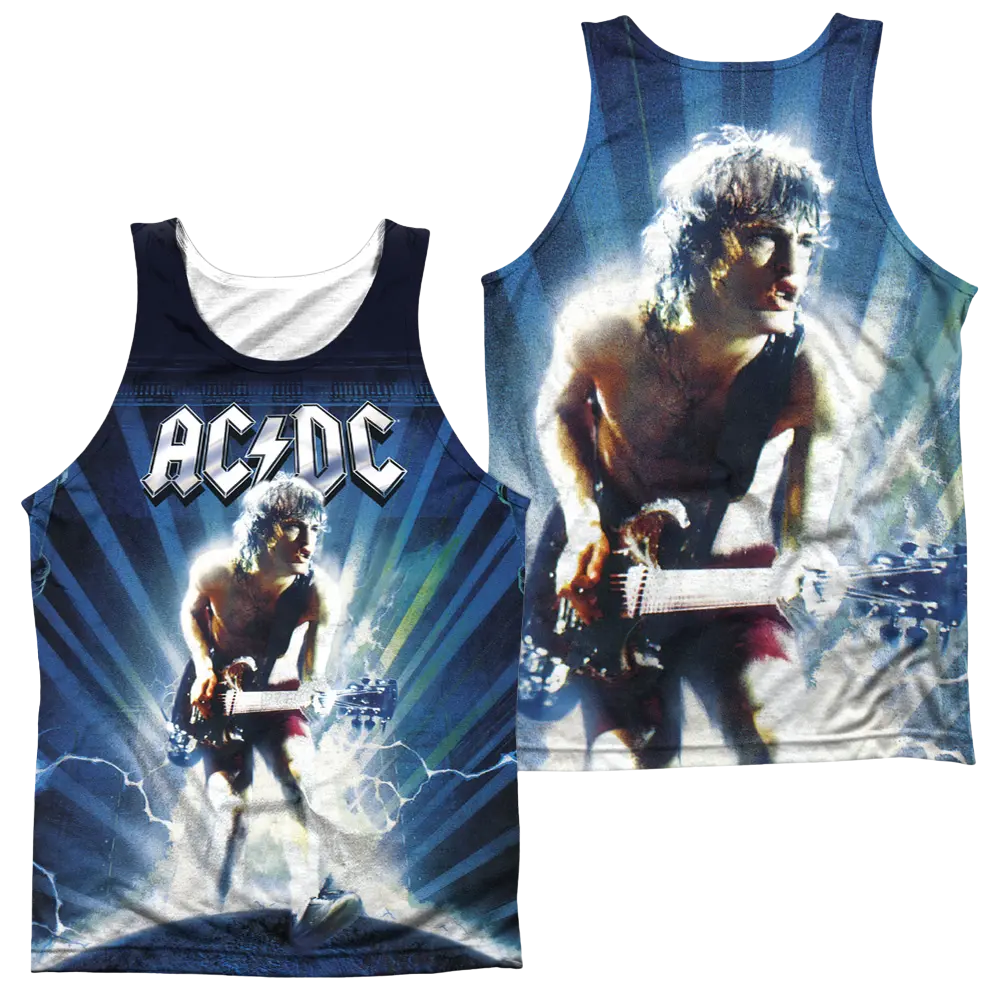 Men's tank top featuring vibrant AC/DC guitarist graphic with blue and white lightning effects.