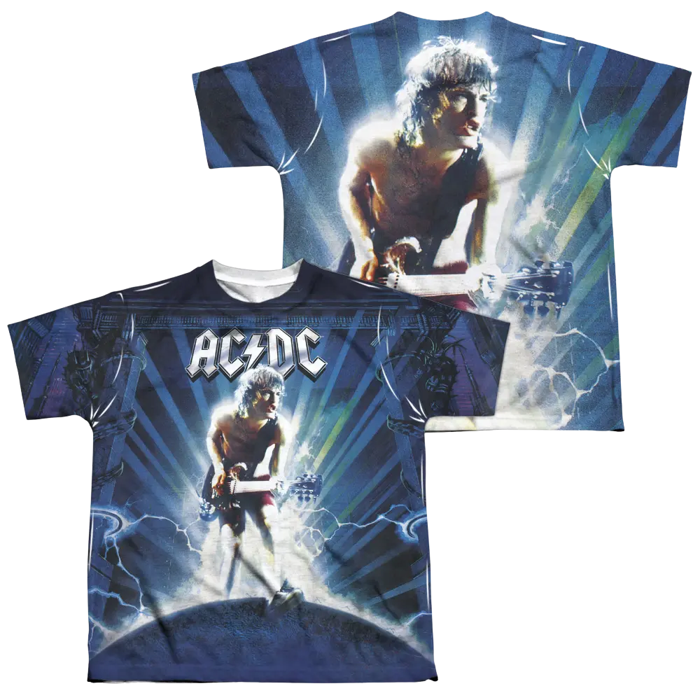 Youth AC/DC t-shirt with all-over print of guitarist in white and blue lightning effects on black background.