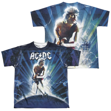 Youth AC/DC t-shirt with all-over print of guitarist in white and blue lightning effects on black background.