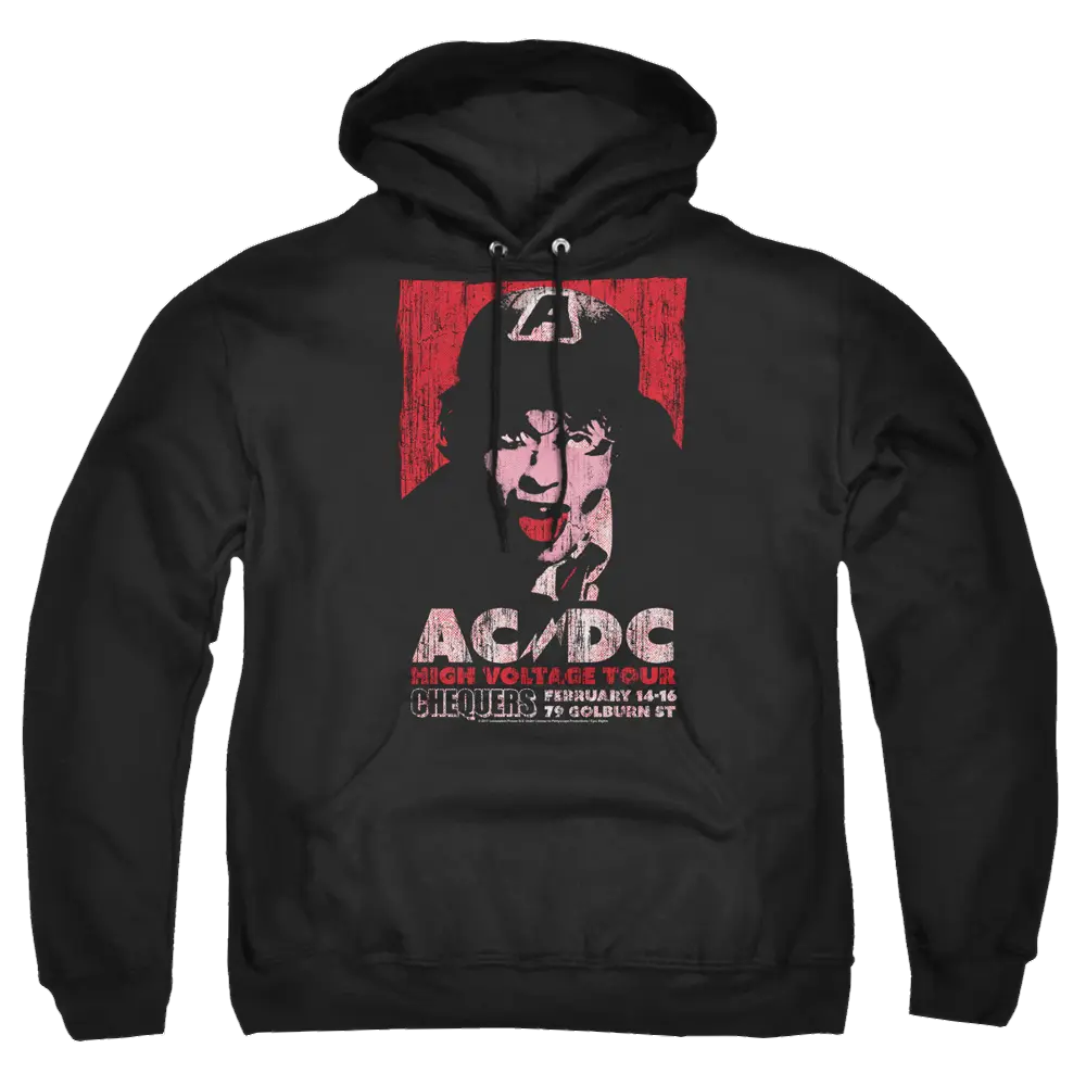 Black pullover hoodie with AC/DC High Voltage Live 1975 graphic featuring a red and white band logo and drummer image.