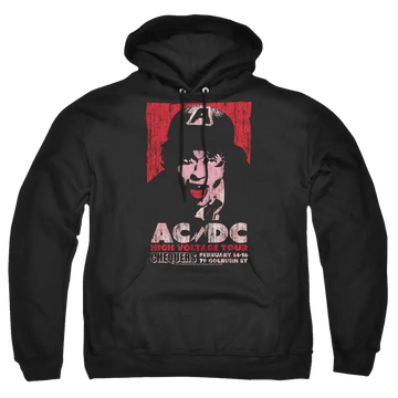 Black pullover hoodie with AC/DC High Voltage Live 1975 graphic featuring a red and white band logo and drummer image.