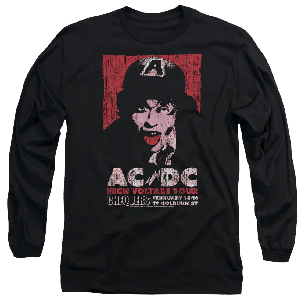 Black long sleeve t-shirt with AC/DC High Voltage Live 1975 graphic and red background block.