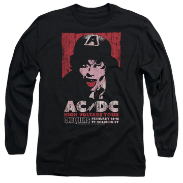 Black long sleeve t-shirt with AC/DC High Voltage Live 1975 graphic and red background block.