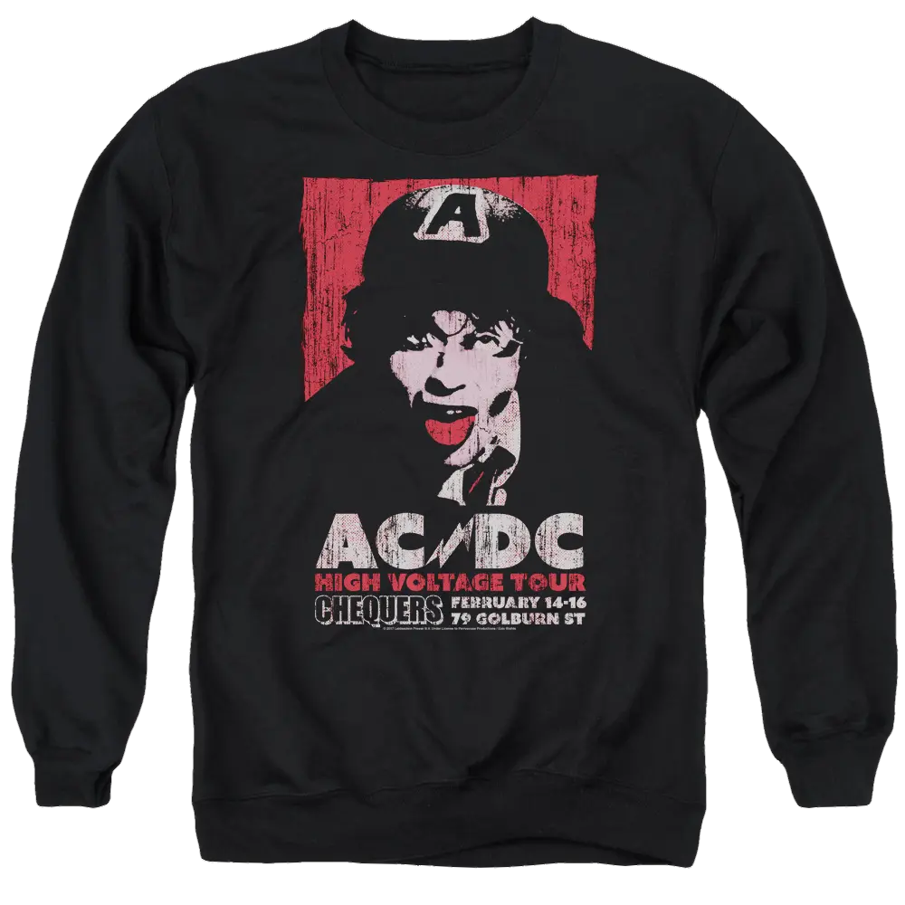 Black men's crewneck sweatshirt featuring AC/DC High Voltage Tour 1975 graphic with Angus Young illustration and red.