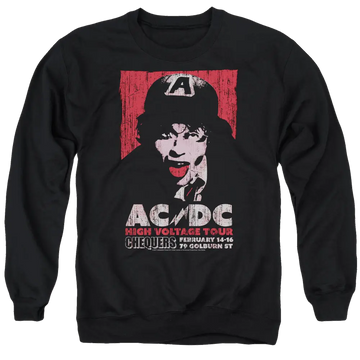 Black men's crewneck sweatshirt featuring AC/DC High Voltage Tour 1975 graphic with Angus Young illustration and red.