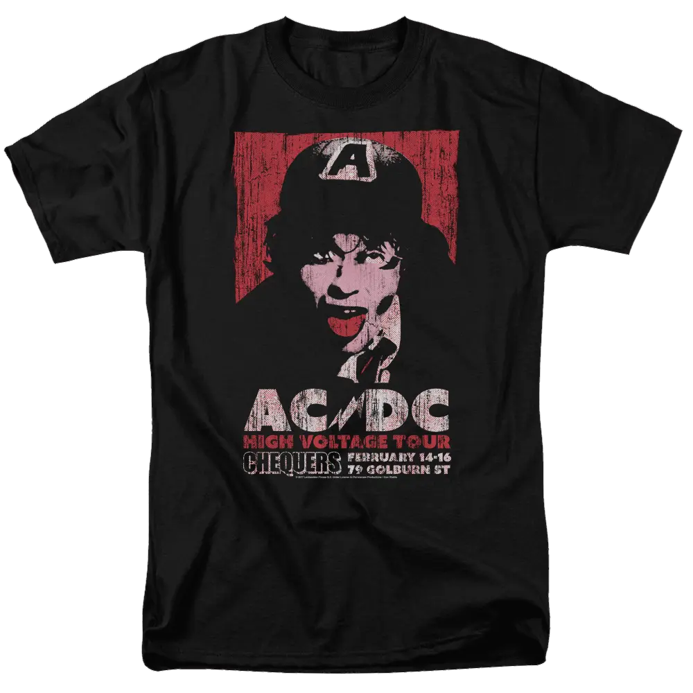 Black men's t-shirt with red and white AC/DC High Voltage Live 1975 graphic and tour text.