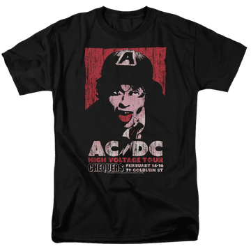 Black men's t-shirt with red and white AC/DC High Voltage Live 1975 graphic and tour text.
