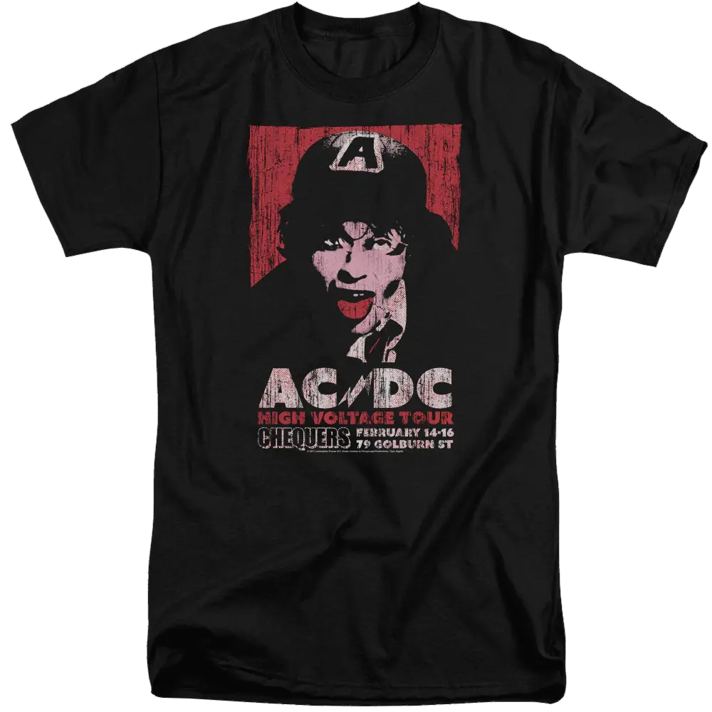 Black men's tall fit T-shirt with red and white AC/DC High Voltage Live 1975 graphic and face illustration.