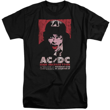 Black men's tall fit T-shirt with red and white AC/DC High Voltage Live 1975 graphic and face illustration.