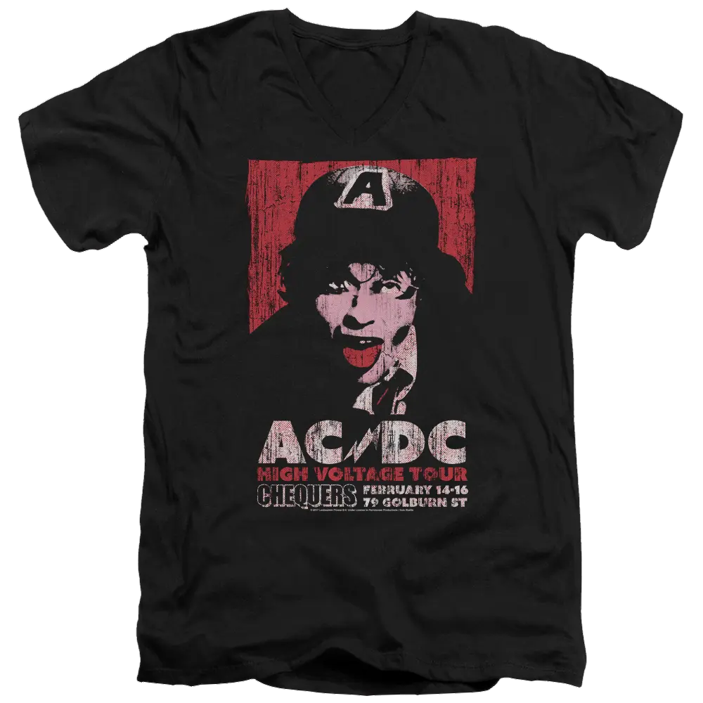 Black men's V-neck t-shirt with red and white AC/DC High Voltage Live 1975 tour graphic and band member illustration.