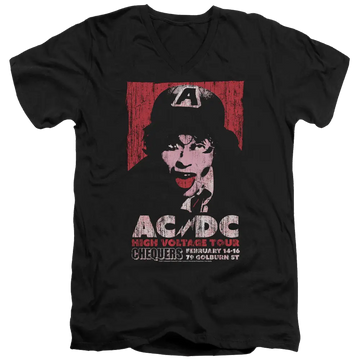 Black men's V-neck t-shirt with red and white AC/DC High Voltage Live 1975 tour graphic and band member illustration.