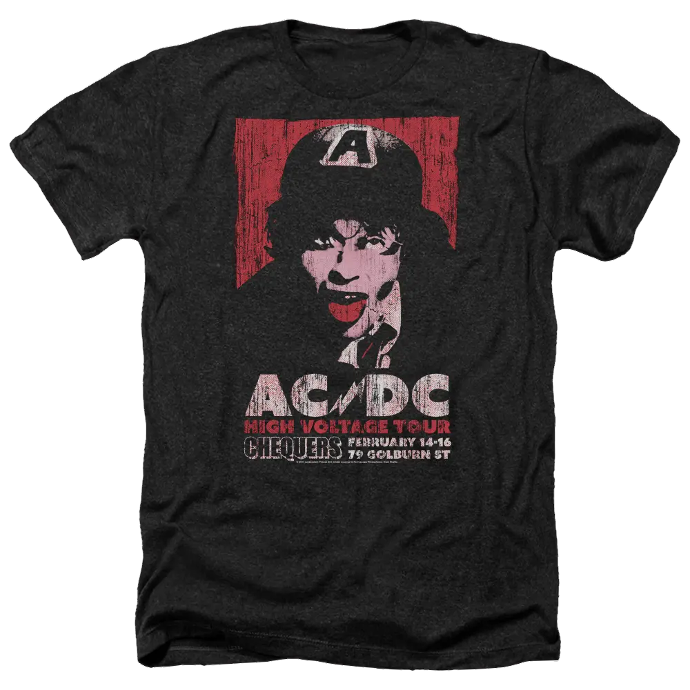 Charcoal men's t-shirt with vintage AC/DC High Voltage Live 1975 graphic in red, white, and black.