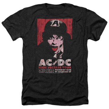 Charcoal men's t-shirt with vintage AC/DC High Voltage Live 1975 graphic in red, white, and black.