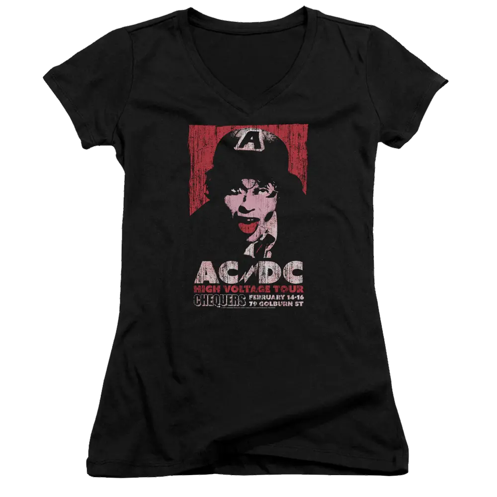 Black juniors v-neck t-shirt with vintage AC/DC High Voltage Live 1975 graphic and red background block.