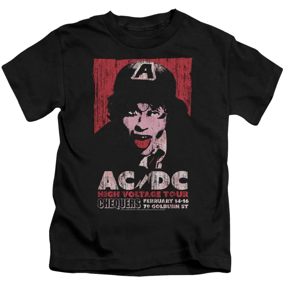 Black kid's t-shirt featuring AC/DC High Voltage Tour 1975 graphic with Angus Young illustration.
