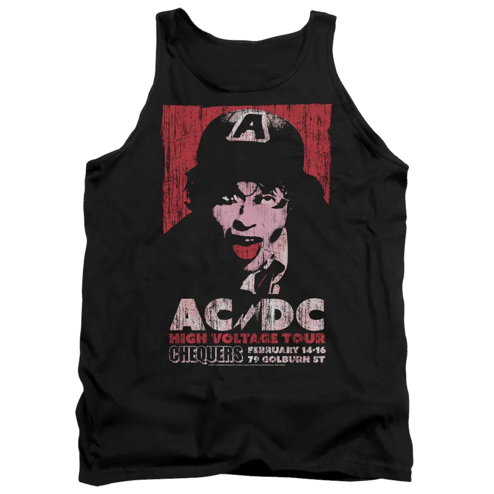 Black men's tank top with vintage AC/DC High Voltage Live 1975 concert graphic in red and white.