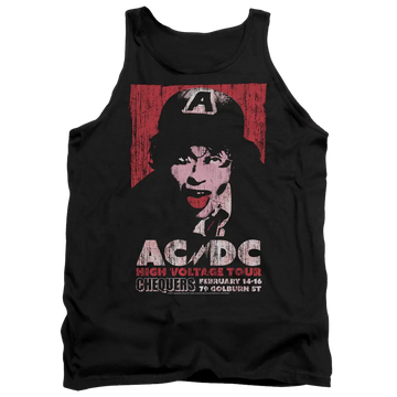 Black men's tank top with vintage AC/DC High Voltage Live 1975 concert graphic in red and white.