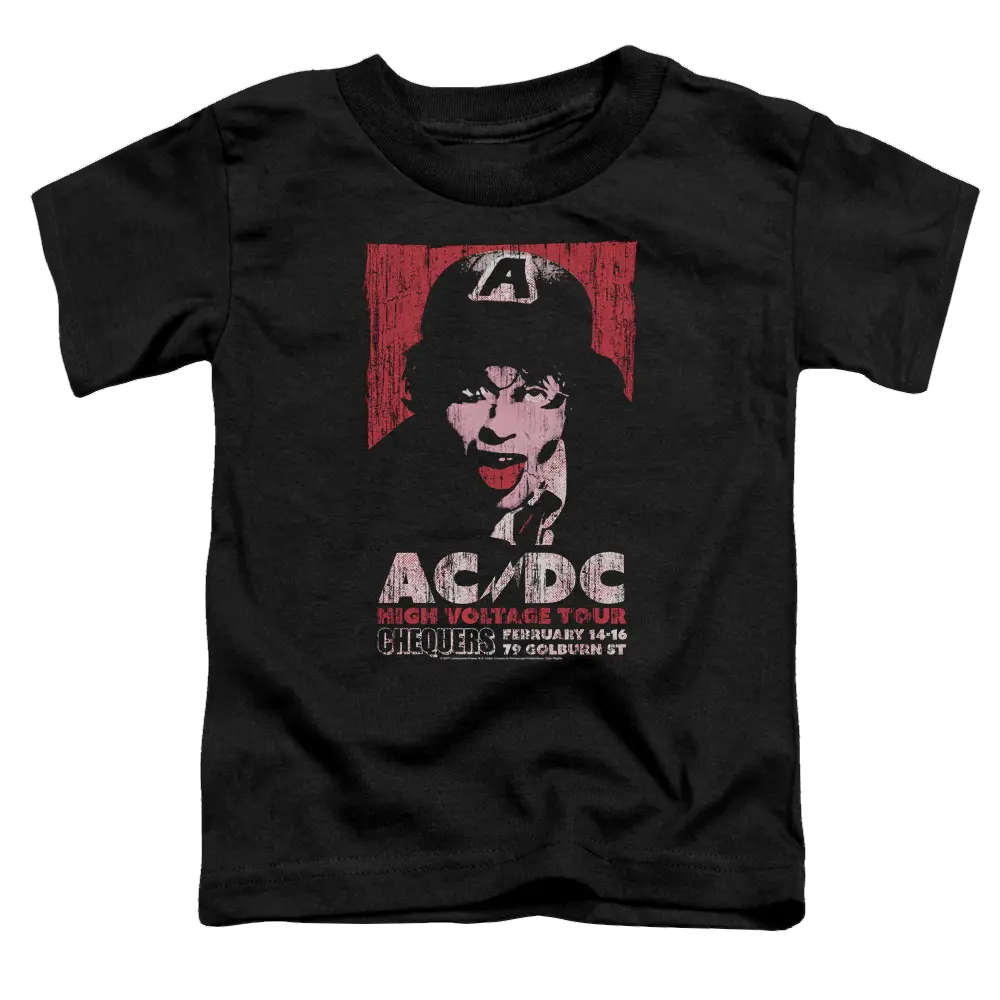 Black toddler t-shirt featuring ACDC High Voltage Live 1975 graphic with band member wearing a hat and red background panel.