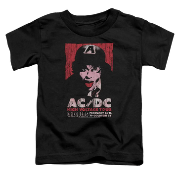 Black toddler t-shirt featuring ACDC High Voltage Live 1975 graphic with band member wearing a hat and red background panel.