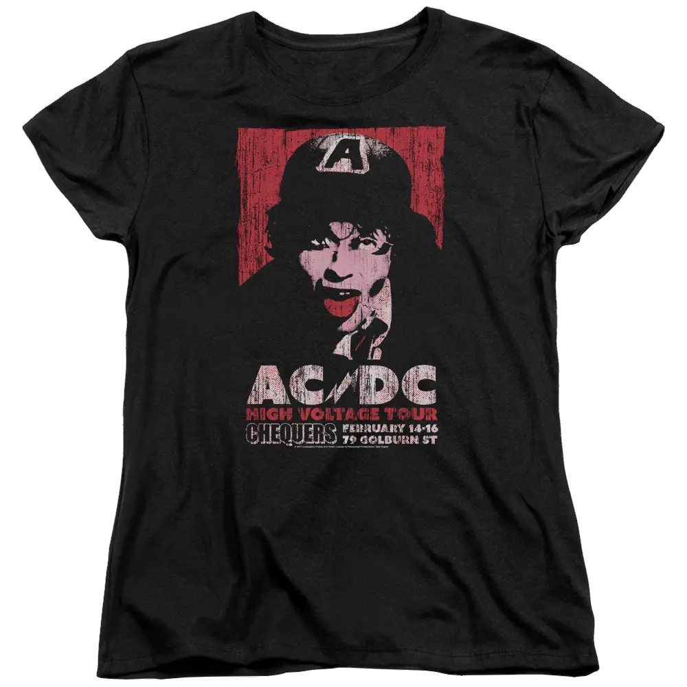 Black women's t-shirt featuring a red and white stylized graphic of Angus Young with AC/DC High Voltage Tour 1975 text.