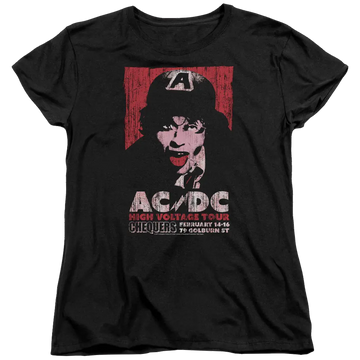 Black women's t-shirt featuring a red and white stylized graphic of Angus Young with AC/DC High Voltage Tour 1975 text.