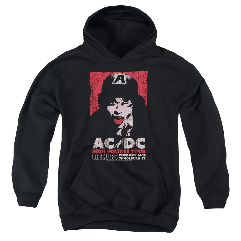 Kids black hoodie with AC/DC High Voltage Live 1975 graphic featuring Angus Young on front.