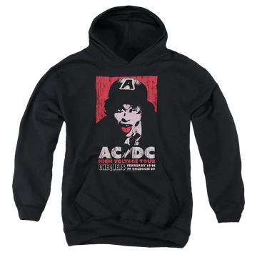 Kids black hoodie with AC/DC High Voltage Live 1975 graphic featuring Angus Young on front.