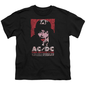 Black youth t-shirt featuring AC/DC High Voltage Live 1975 graphic with Angus Young illustration.