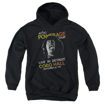Black youth hoodie for ages 8 to 12 with AC/DC Powerage Tour graphic