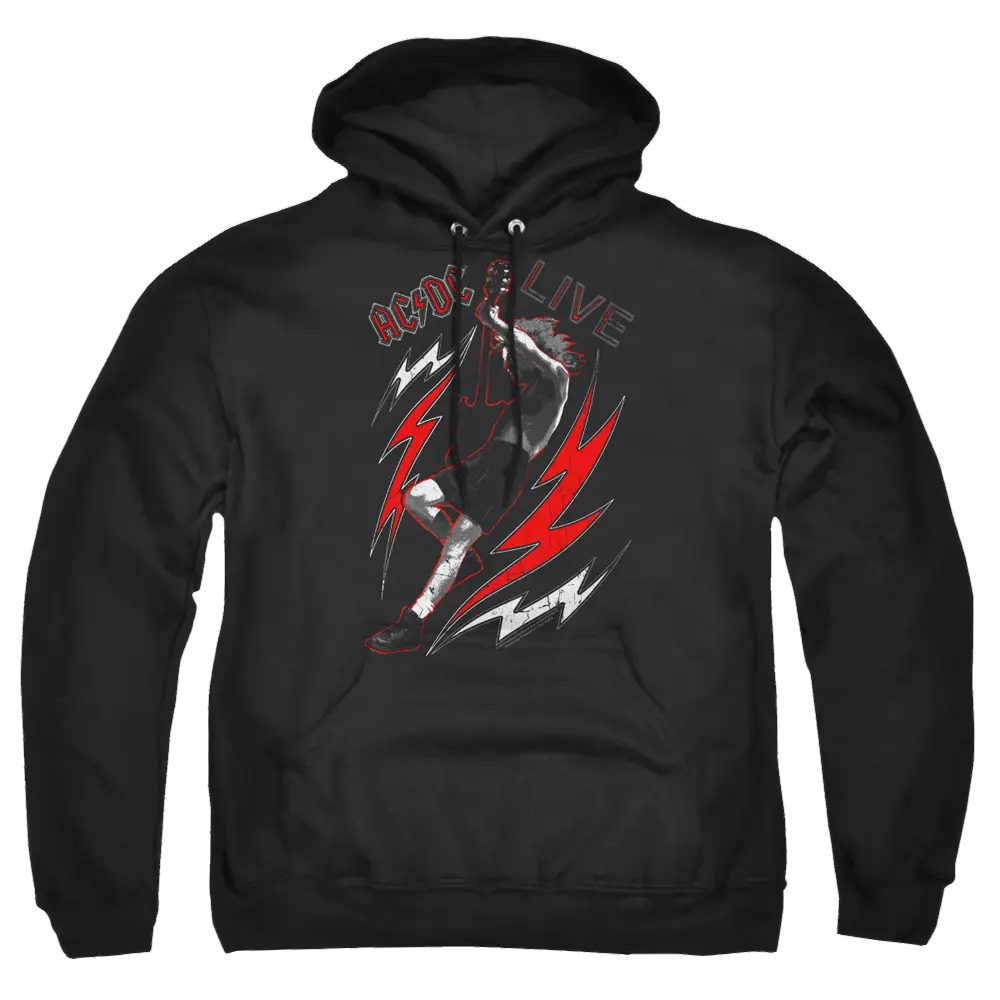 Black pullover hoodie with AC/DC Live graphic and red lightning bolt design on front.