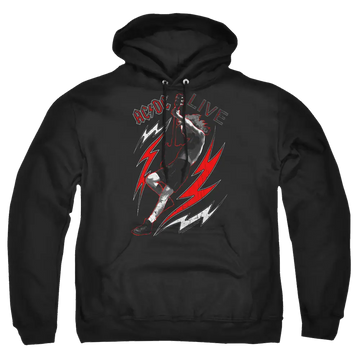 Black pullover hoodie with AC/DC Live graphic and red lightning bolt design on front.