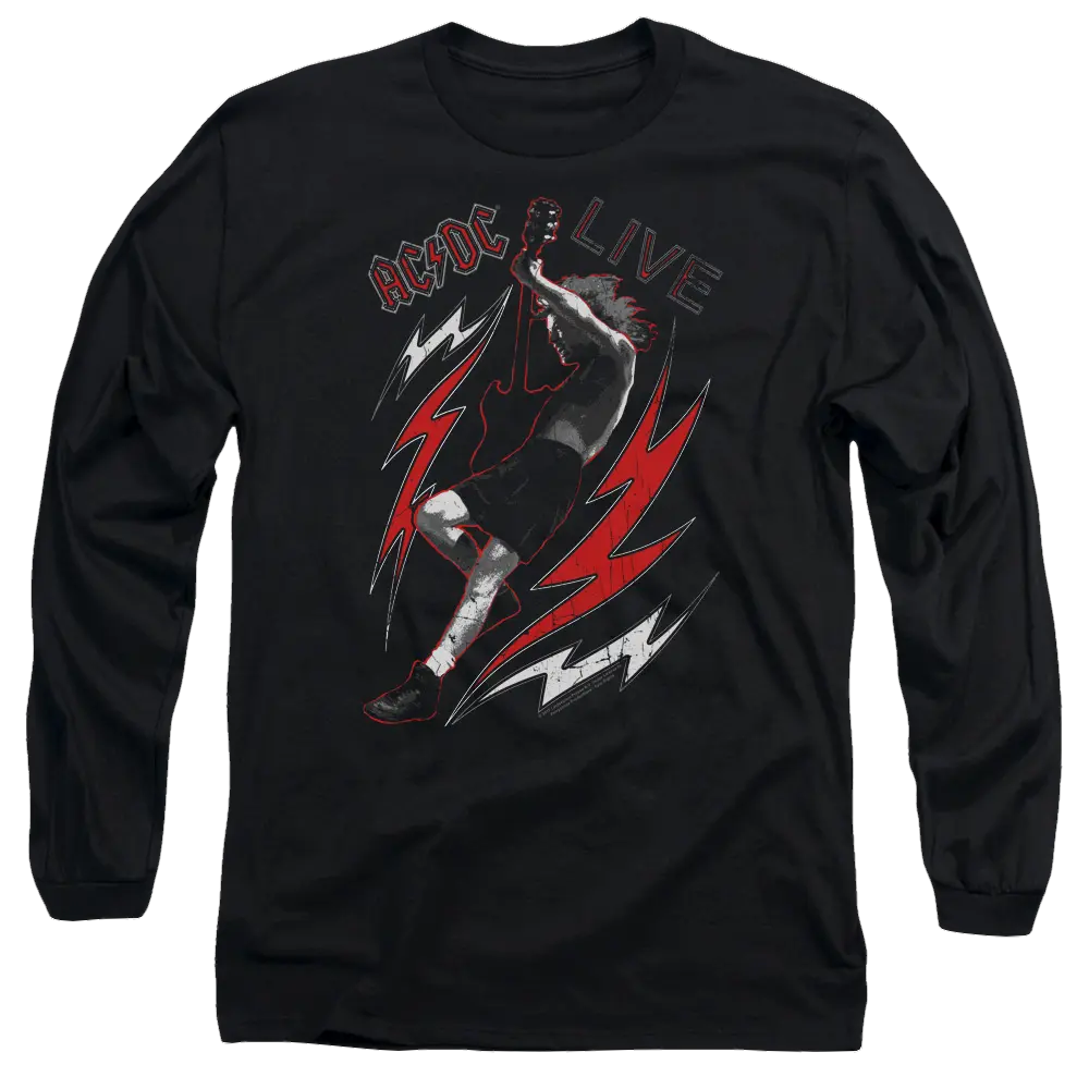 Black long sleeve T-shirt featuring AC/DC Live graphic with a rock guitarist and red lightning bolts.